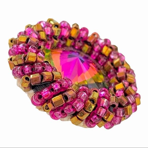 Swarovski watermelon rivoli artisan hand beaded hot pink gold pierced earrings - Picture 5 of 7